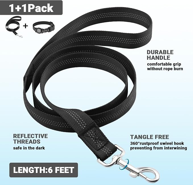 AirTag Dog Collar and Leash, IP68 Waterproof Integrated with Reflective, Ultra-Durable, Comfortable Padded, Heavy Duty Dog Collars for Small Medium Large Dogs, L (14.8"-20.3"), Black