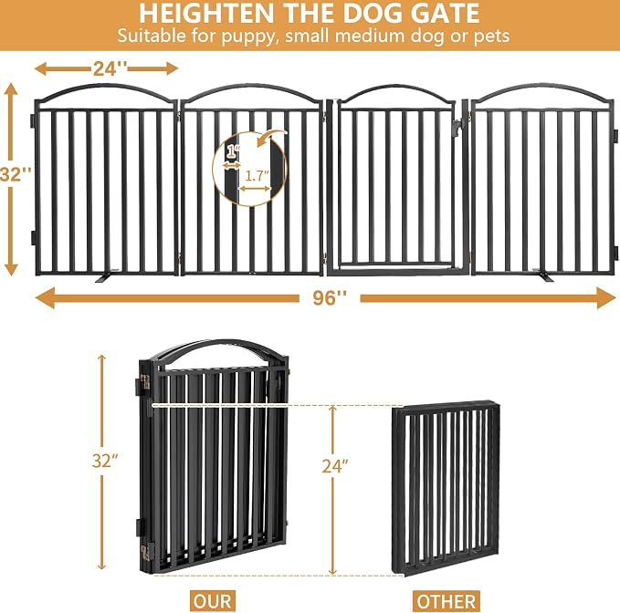 Malier Metal Freestanding Dog Gates with Door, Outdoor Indoor Dog Fences, Extra Wide Foldable Puppy Gate for Stairs, Hallways, Yard (Black, 96''W × 32''H【4 Panels】)