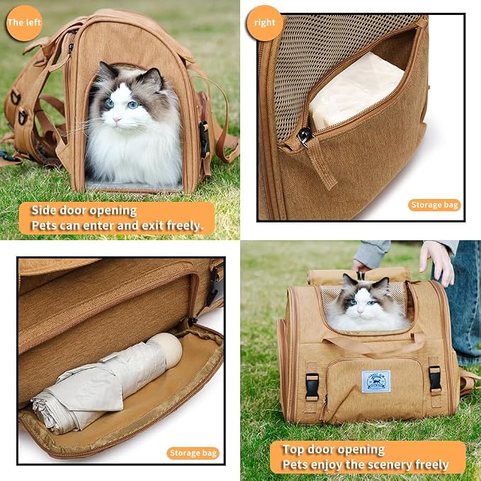 Pet Backpack Carrier for Small Dogs Medium,Large Cats, Puppies,Breathable and Collapsible Design, Portable Travel Bag for Bearded Dragon,Rabbit Cage (Brown +Two-Shoulder, Large)
