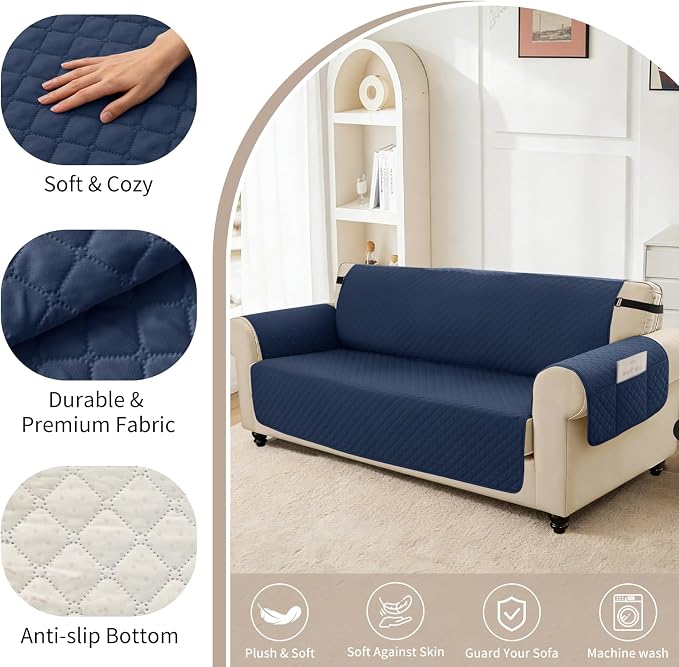 100% Waterproof Couch Cover for Dogs with Non-Slip & Side Pockets 46", Furniture Protector Sofa Covers, Washable Cushion Covers for Pets Kids Cat-Small Loveseat Navyblue