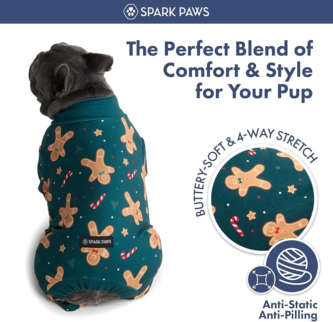 Spark Paws Dog Christmas Pajama, Dog Recovery Suit Male, Onesie, Ultra-Soft and 4-Way Stretch, for Small Medium and Large Breeds - Gingerbread Man - S