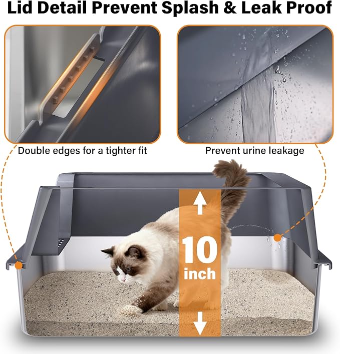 Stainless Steel Litter Box with Lid,XL Extra Large Cat Litter Box | Large Litter Boxes for Big Cats,Metal Kitty Litter Boxes with Anti-Leakage, High Sides,Easy to Clean,Scoop & Mat Included