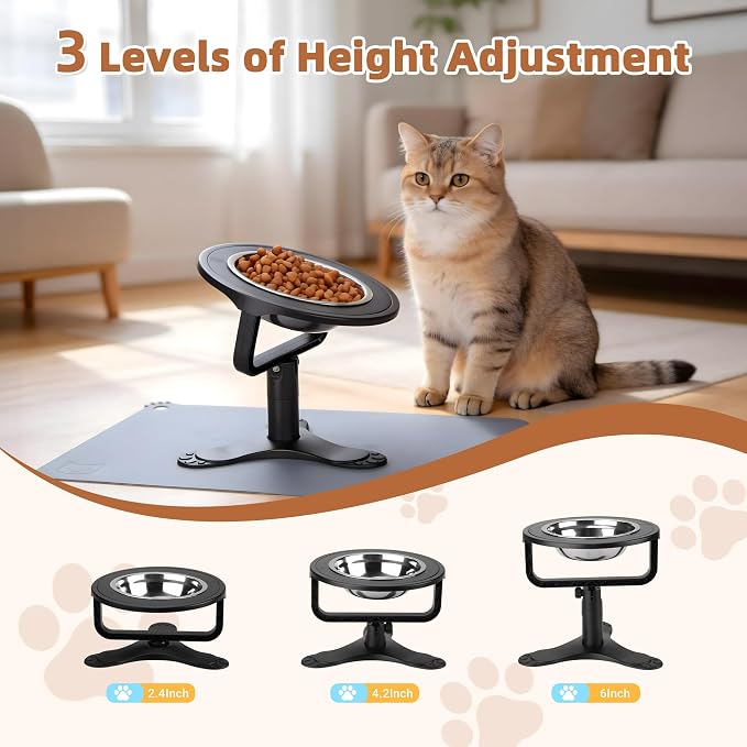 Elevated Cat Bowl with Silicone Food Mat, 3 Height Adjustable, 15° Tilted Cat Bowls Stand with Stainless Steel Bowl for Indoor Cats & Kittens (1 Pack with Mat)，Black