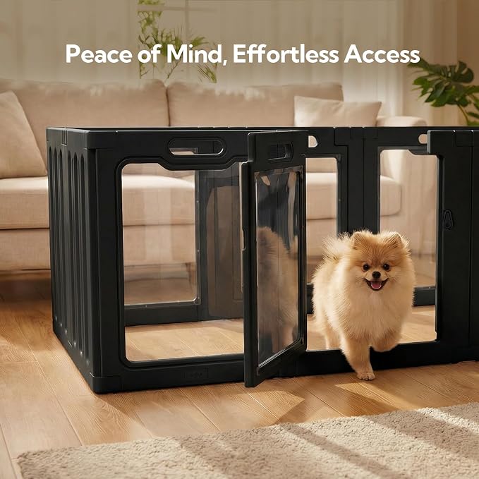 Soulbond Clear Acrylic Dog Playpen Indoor (24 Inch, Black, 10 Panels) | Non-Slip,Tool-Free Assembly, External Door Lock Play Pen for Puppies and Small Dogs