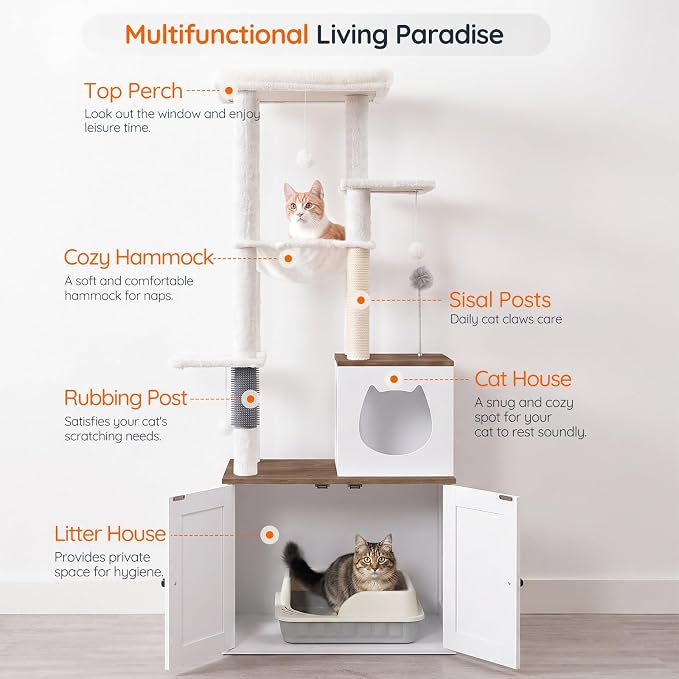 HOOBRO Cat Tree with Litter Box Enclosure, Tall Cat Tower for Indoor Cats | All-in-One Modern Cat Condo, Hidden Litter Box Enclosure Furniture, White and Walnut WH51MZ03