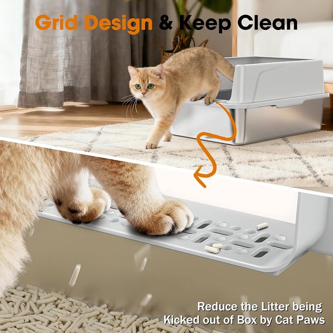 2PACK Stainless Steel Cat Litter Box with Lid, High-Sided Metal Litter Pan for Small Cats, Kitty Litter Box, Non-Stick & Odor-Resistant, Anti-Urine Leakage, Easy to Clean, Scoop Included