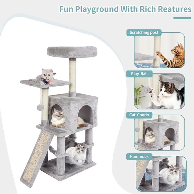 Cut Cat Tree Cat Tower Condo with Hammock Kittens Scratching Post Grey | MIAO PAW Cat Bed For Indoor Modern Activity Tree for Small Cat with Board Hanging Ball Play House