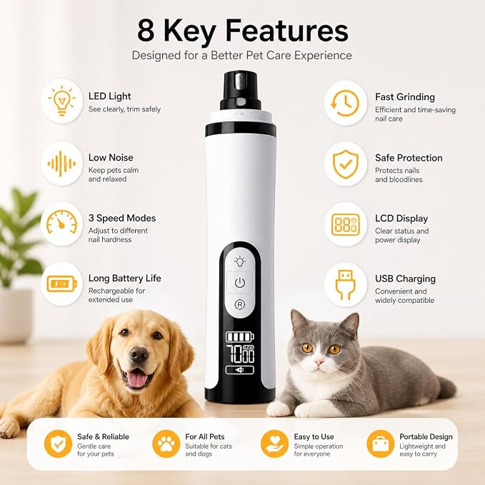 Silent Pet Nail Grinder Pro, 2026 New Dog and Cat Nail Trimmer with LED Light and 3 Speed Settings, Suitable for Thick and Long Nails(1+2*Replacement Head)