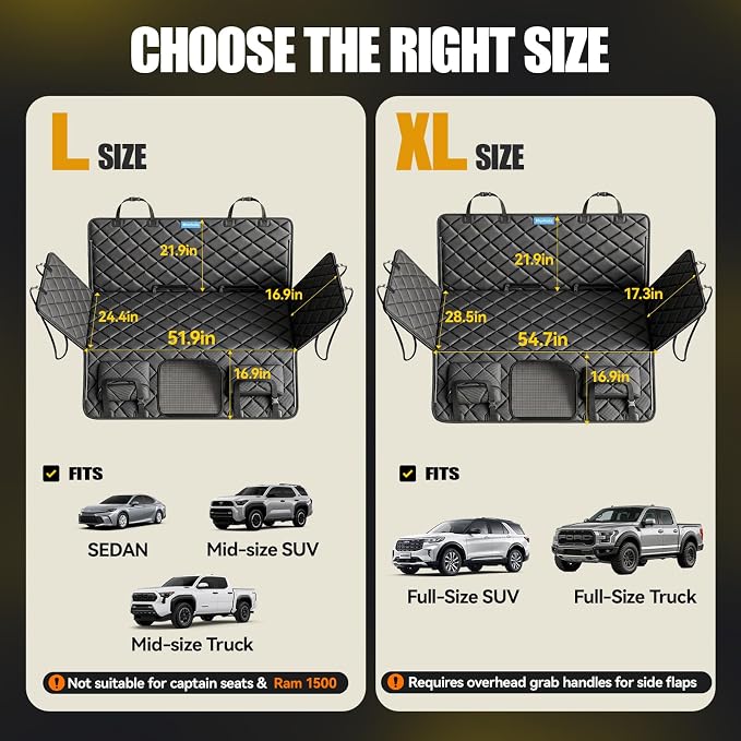 Rorhxia L Dog Mid-Size Truck Seat Cover for Back Seat with 3 Support Rods | 500 lbs Hard Bottom Supports, 45% More Space, 100% Waterproof, 7-Layer Protection, L for Mid-Size Trucks & SUV