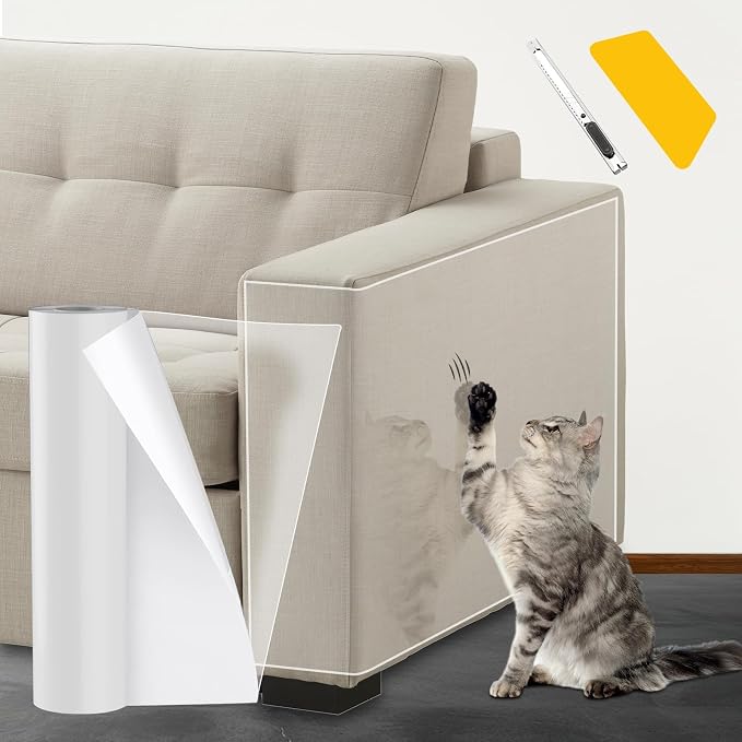 Transparent Cat Scratch Furniture Protectors 12x196.8in Scratch Guards | transparent guards, heavy-duty anti-scratch, safe for leather, fabric, wood, peel-and-stick, residue-free removal