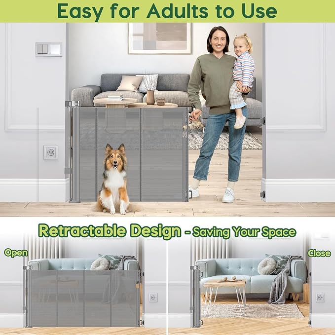2 Pack Reinforced 55" Wide Retractable Dog Gate with Support Rods, 33" Tall Retractable Baby Gate for Dogs, No Sag and Wrinkle Mesh Child Gates for Doorways, Indoor Pet Barrier Stair Gates for Kids