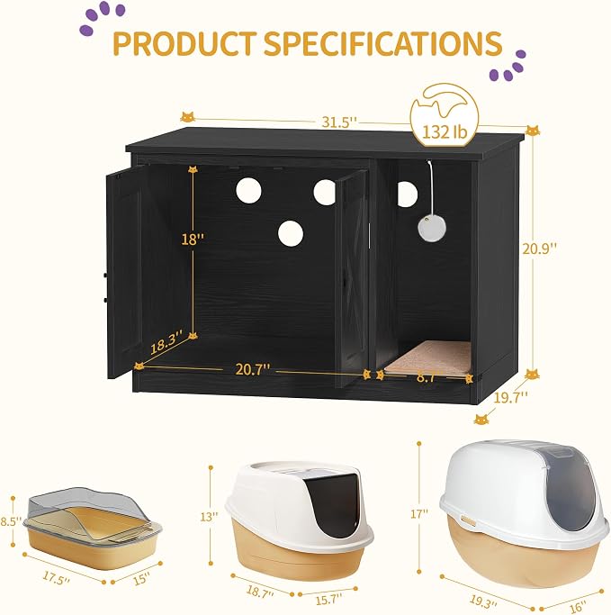 Hzuaneri Cat Litter Box Enclosure, Hidden Litter Box Cabinet Furniture | Indoor Cat House with Bell, Farmhouse Style, 31.5 x 19.7 x 20.9 Inches, for Hallway, Bedroom, Black CB82404X