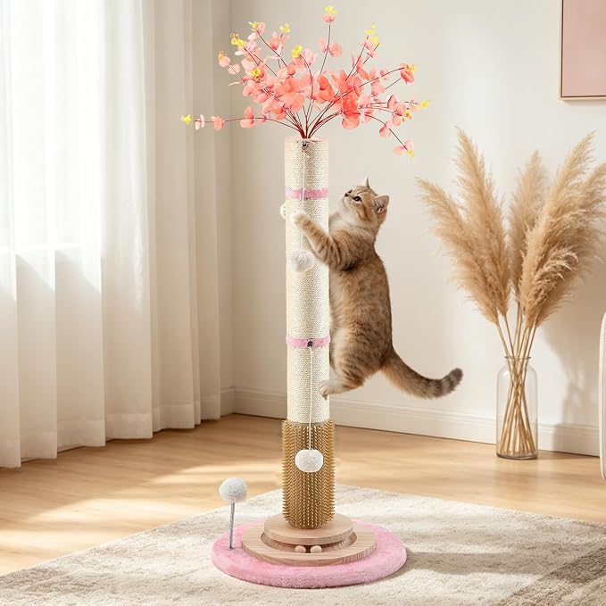 45'' Tall Cat Scratching Post Tree,Heavy Duty for Indoor Body Stretching | 3.5Inch Diameter Sisal Rope,Stable Real Wood Base,Artificial Plant Design Scratcher,Interactive Ball Toy for Home Decor