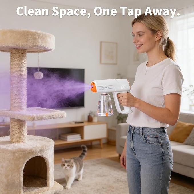 RIZZARI Cordless Pet Odor Control Spray Bundle, Rechargeable Nano Mist Sprayer with 500ml Pet-Safe Deodorizer for Cat Litter Boxes, Dog Beds, Carpets & Home Pet Areas