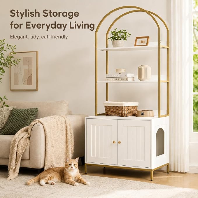 Homhedy Cat Litter Box Enclosure with 2-Tier Shelves, White and Gold | Litter Box Furniture Hidden, Indoor Cat House, Wooden Cat Washroom Furniture with Metal Frame, Modern Style