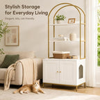 Homhedy Cat Litter Box Enclosure with 2-Tier Shelves, White and Gold | Litter Box Furniture Hidden, Indoor Cat House, Wooden Cat Washroom Furniture with Metal Frame, Modern Style