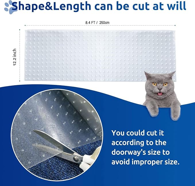 Carpet Protector for Pets Cat Carpet Protector for Doorway, Anti Scratch Under Door Cat Scratch Protector Mat, Easy to Cut Plastic Stopper (Clear, 8.4FT)