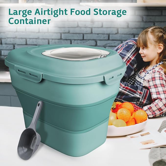 Rice Storage Bin Cereal Containers, 13-50lb Collapsible Rice Container Dispenser with Transparent Lid, Rolling Wheels, Measuring Cup and Scoop, Airtight Dog Cat Pet Food Storage Container Green