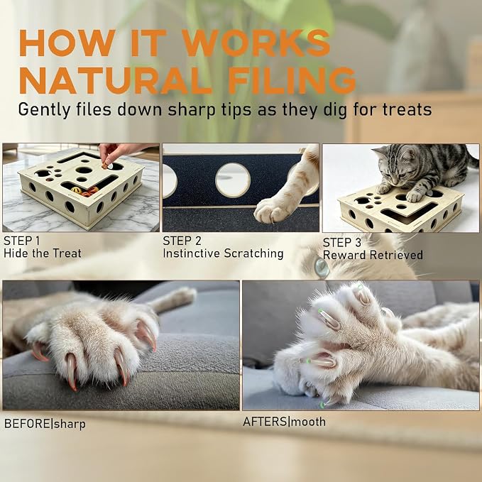 Cat Scratch Puzzle Enrichment Box with Bell Ball, Large Cat Nail File Enrichment Box with Sandpaper Liner, Stress-Free Alternative to Trimming Nails, for Indoor Cats