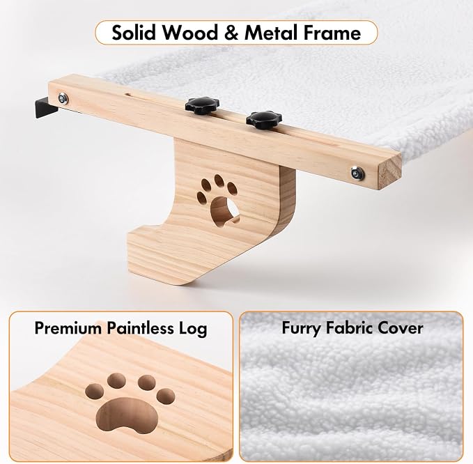 AMOSIJOY Cat Windowsill Perch with Wood & Metal Frame for Large Cat, 27.5in | Solid Wood Frame, Easy to Adjust, Washable Berber Fleece Cover, No Suction Cups Cat Window Seat for Windowsill, Bedside