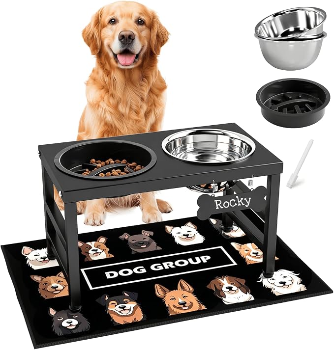 ADENGL 10" Elevated Dog Bowls – Metal Raised Dog Bowl Stand with 2 x 1700ml Stainless Steel Bowls, 1 Slow Feeder & Non-Slip Mat for Dogs