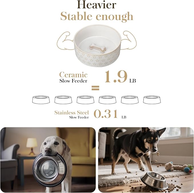 MALACASA Ceramic Dog Food Bowl, Water Dish for Medium Breeds, 3.5 Cups | Five-Leaf Grass Pattern, ceramic pet bowl, food and water dish, dishwasher and microwave safe, for medium dogs