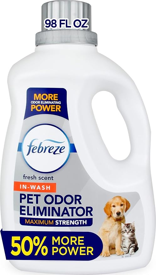 Febreze Laundry Detergent Additive for Pet Supplies, Maximum Strength In Wash Pet Odor Eliminator, Designed to Remove Tough Odors in Fabrics and Clothing in a Single Wash, Fresh Scent, 98 fl oz