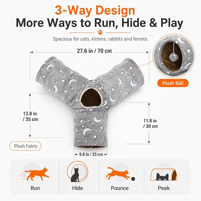 Cat Tube Tunnel with Plush Ball Toys Collapsible Self-Luminous, for Cat Small Pets Bunny Rabbits, Kittens, Ferrets,Puppy and Dogs Grey Moon Star 3 Way