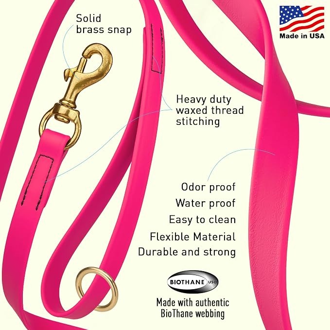Viper Biothane K9 Working Dog Leash Waterproof Lead for Tracking Training Schutzhund Odor-Proof Long Line with Solid Brass Snap for Puppy Medium and Large Dogs 6ft, Passionfruit Pink