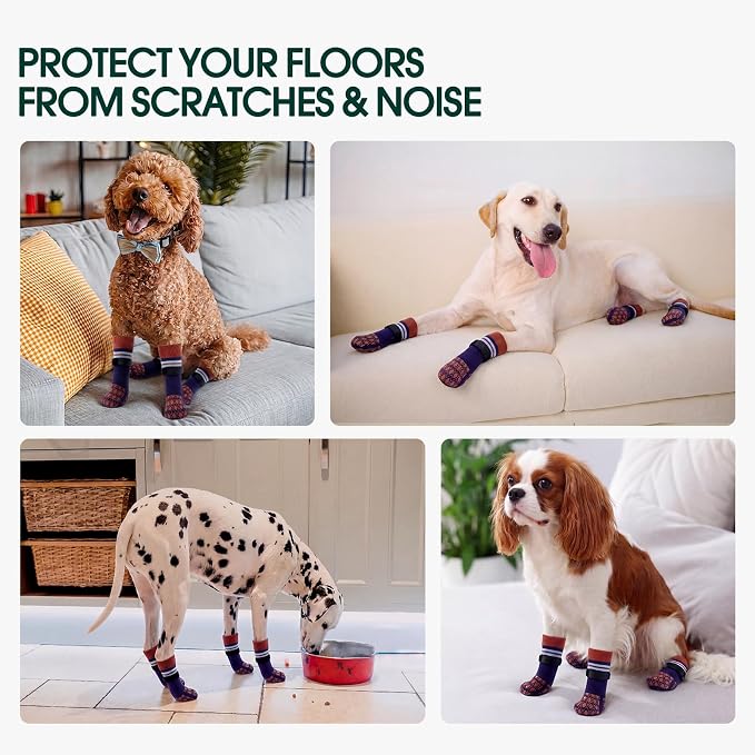 Kuoser Dog Socks for Hardwood Floors Anti Slip, Grippy Socks for Dogs to Prevent Licking Paws, Comfy Booties Dog Anti Scratch Socks Pet Protectors for Jnjured Paw, 4 Pack-L