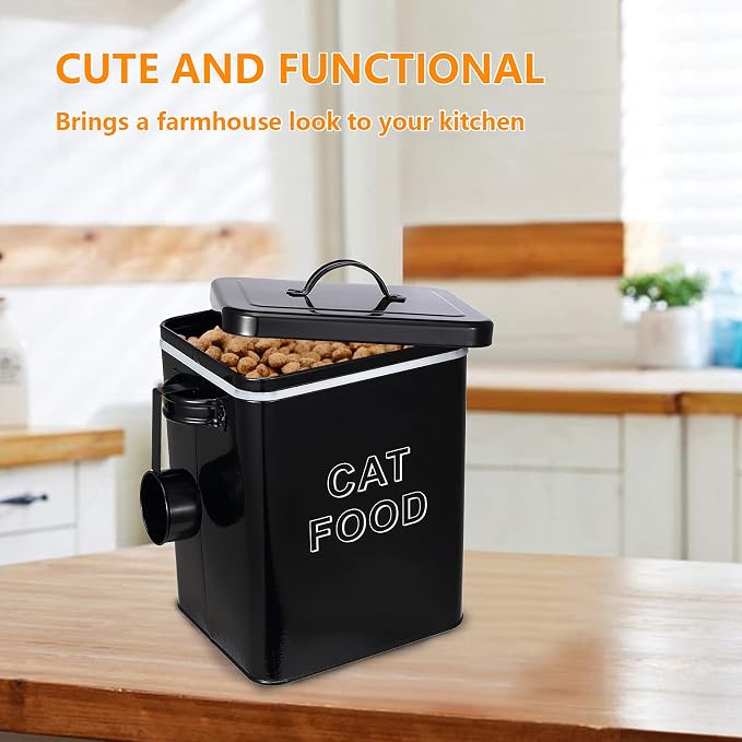 Cat Food Storage Container Farmhouse Pet Food Storage Containers with Lid and Scoop, Perfect Vintage Canister Treats Tin for Kitchen Countertop, Shelf, Great Gift for Pet Owners - Cat Food - Black