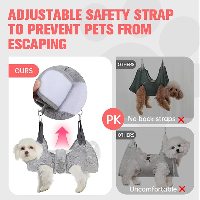 PAWCHIE Dog Grooming Hammock Harness for Dogs & Cats with Pet Nail Clipper Trimmer,Cat Hanger Sling for Trimming Clipping Nails,Warm Plush Dog Hammock Restraint Bag for Small Medium Large Dogs,Grey S