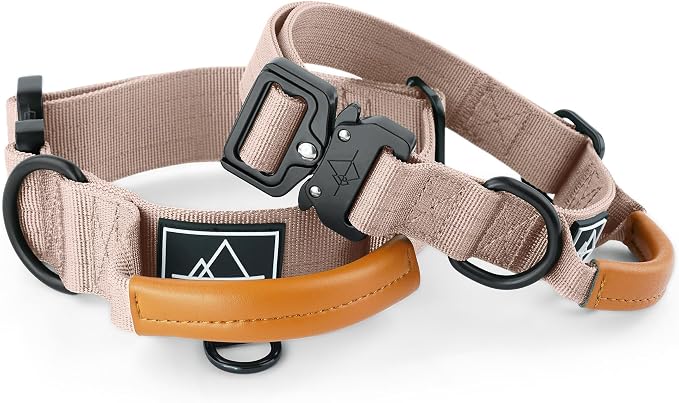 MADE TO ROAM Control Dog Collar | Leather Handle & Heavy Duty Metal Buckle | Premium adjustable collar with vegan leather handle. Fits medium to large dogs. 15 colors. Matching leash & harness