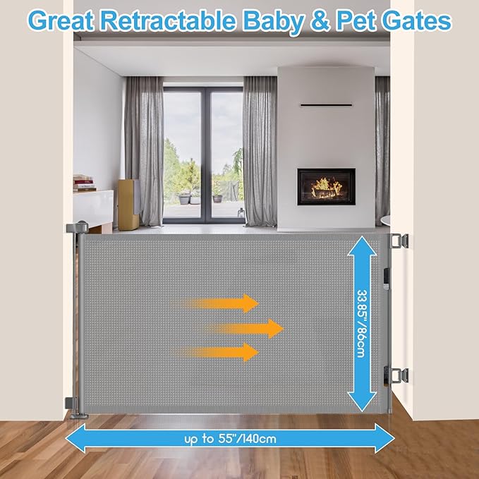 EZIGO 55 Inch Retractable Baby Gates Extra Wide Baby Dog Gate for Stairs | 34 Inch Tall Retractable Dog Gate, One-Hand Operation Mesh Safety Pet Gate for Deck, Porch, Doorways Indoor Outdoor, Gray