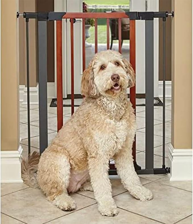 Midwest 39" Walk-Thru Dog Gate, Wooden Door | Steel Frame, Pressure Mounted, Expands 29.5"- 38" Wide, Auto-Close Door, Latch Closure, Includes Two 3" Extensions