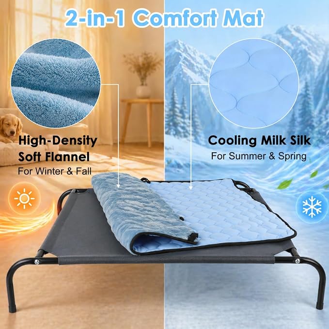SZEE Elevated Dog Bed, Cooling Dog Cot Bed, Support Up to 100 LBS for Large Breeds, with Durable Steel Frame, Reversible Ice Silk Mat & Sturdy Teslin Mesh, Outdoor & Indoor All-Season Use - L