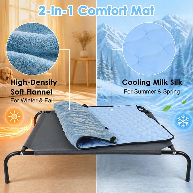 SZEE Elevated Dog Bed, Cooling Dog Cot Bed, Support Up to 65 LBS for Small Breeds, with Durable Steel Frame, Reversible Ice Silk Mat & Sturdy Teslin Mesh, Outdoor & Indoor All-Season Use - S