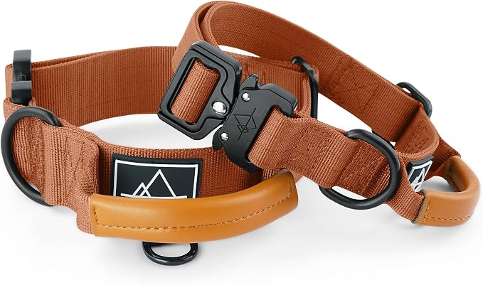 MADE TO ROAM Control Dog Collar | Leather Handle & Heavy Duty Metal Buckle | Premium adjustable collar with vegan leather handle. Fits medium to large dogs. 15 colors. Matching leash & harness