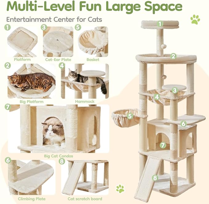 Taoqimiao Cat Tree for Large Cats, 72In Tall Cat Tower, Giant Platform | Widened Cat Condo with Large Scratch Board, 5 Scratching Posts, Metal Frame Hammcock, Cozy Basket, Beige, MS045M