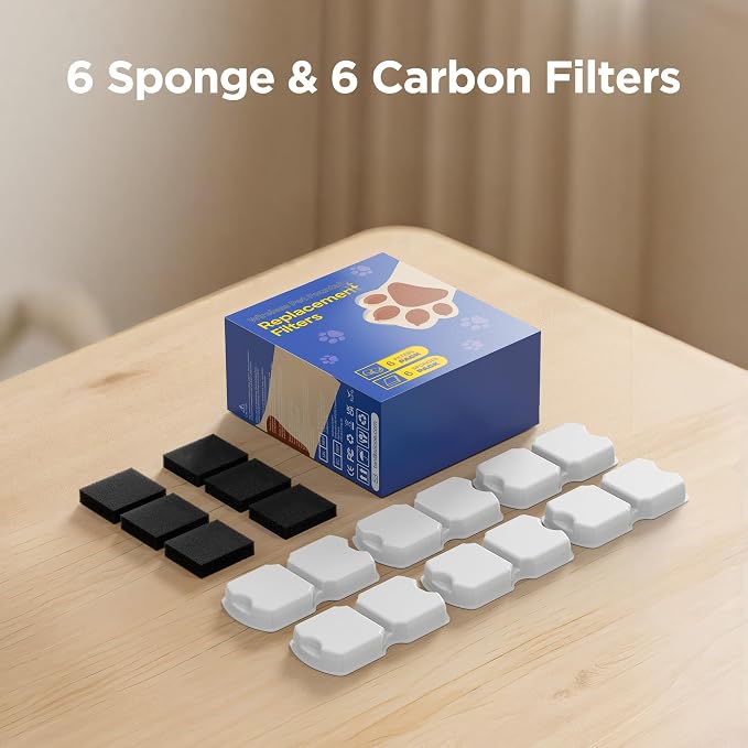 Cat Water Fountain Filter: 12 Cat Fountain Filter Replacement - 3 Months Set of Replacement Filters for GIOTOHUN KOOGMOON UMOCUOY IHOUONE HOOISE Pet Fountains - 6 Filters & 6 Sponges
