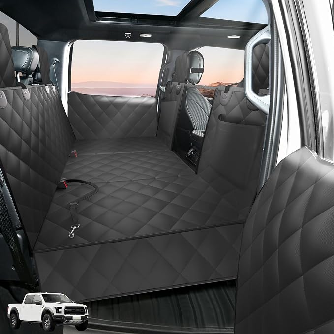 Btefd Truck Hard Bottom Dog Back Seat Extender Cover for F150, RAM 1500 | Pet Hammock for Full Size Crew Cab Trucks, Headrest Protection, Holds 420lbs, 45% More Space, Waterproof, Easy Care