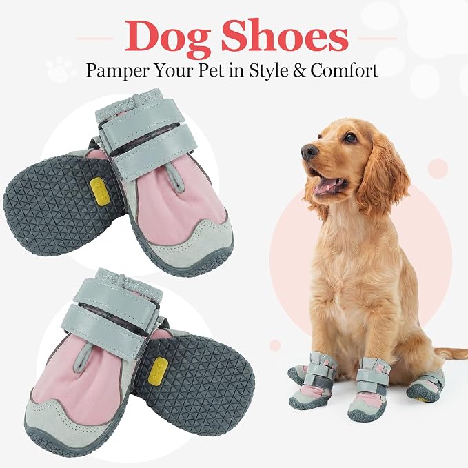 Allroaring 4PCS Dog Shoes for Hot Pavement, Anti-Slip Dog Boots Pink-5 | Non-Slip Rubber Sole, Durable Reflective Straps, Paw Protector for Snow & Hot Pavement, for Medium Large Dogs – Pink/Black