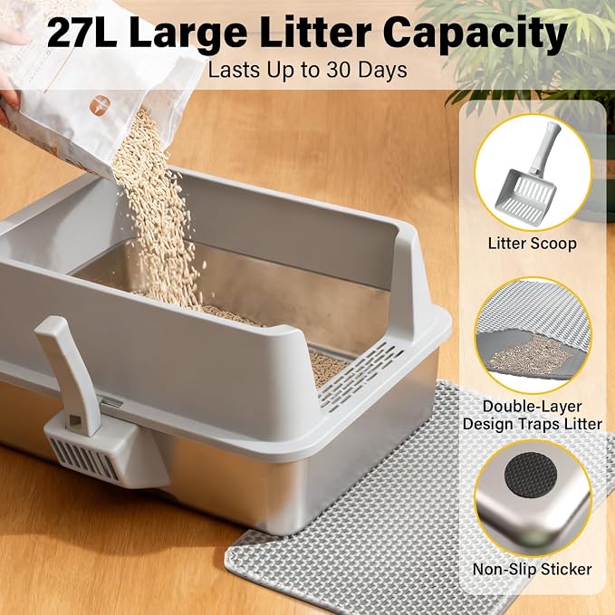 Stainless Steel Litter Box for Big Cats, Large Metal Litter Box | Easy to Clean, Includes Scoop and Mat,High-Sided，L to XL Cat Litter Boxes for Anti Urine Splash, Odor Control