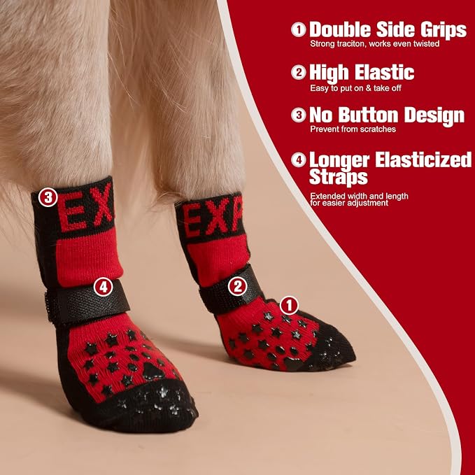 EXPAWLORER Anti Slip Dog Socks to Prevent Licking Paws, Dog Shoes for Hot Pavement, Booties for Hardwood Floors, Dog Boots & Paw Protectors with Grippers for Small Medium Large Senior Dogs Red