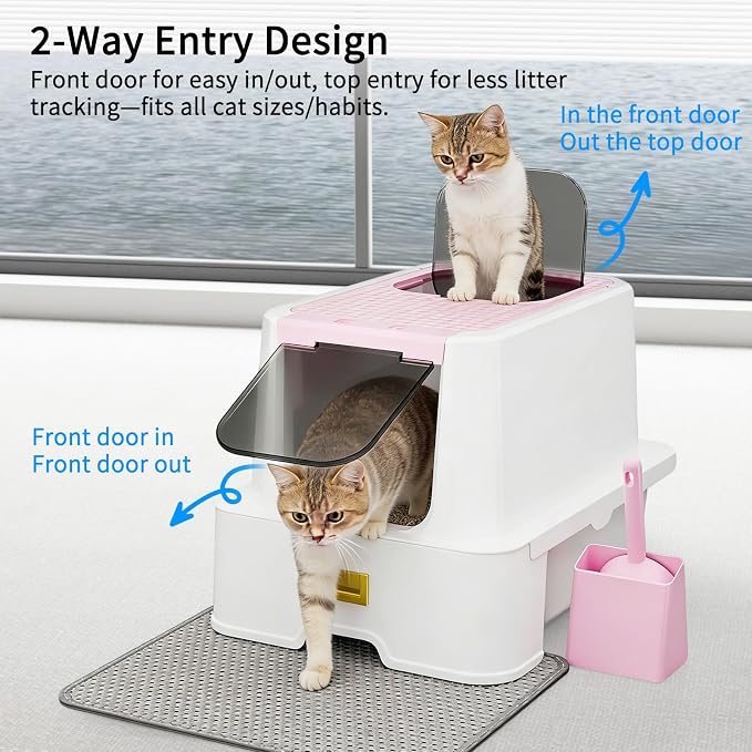 RIZZARI Covered Litter Box for Indoor Cats: Pink, Drawer, Easy Clean | Built-In Deodorizer Spray / Spacious for Large Cats / Stainless Anti-Odor / Pull-Out Drawer / Includes Scoop & Mat