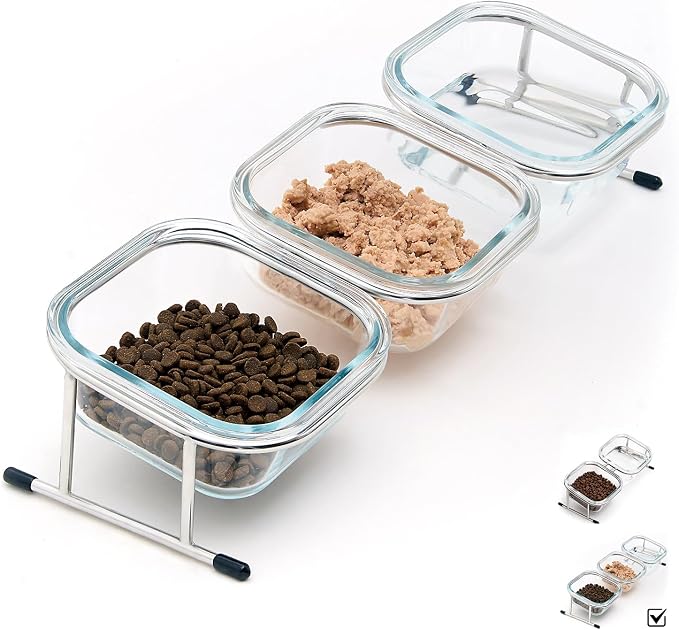 Elevated Cat Bowls, 15° Tilted Glass Raised Cat Food and Water Bowl | Stainless Steel Stand, 3 Large Capacity Glass Cat Bowls and 4 Anti Slip Feet, Suitable for Cats and Little Dogs