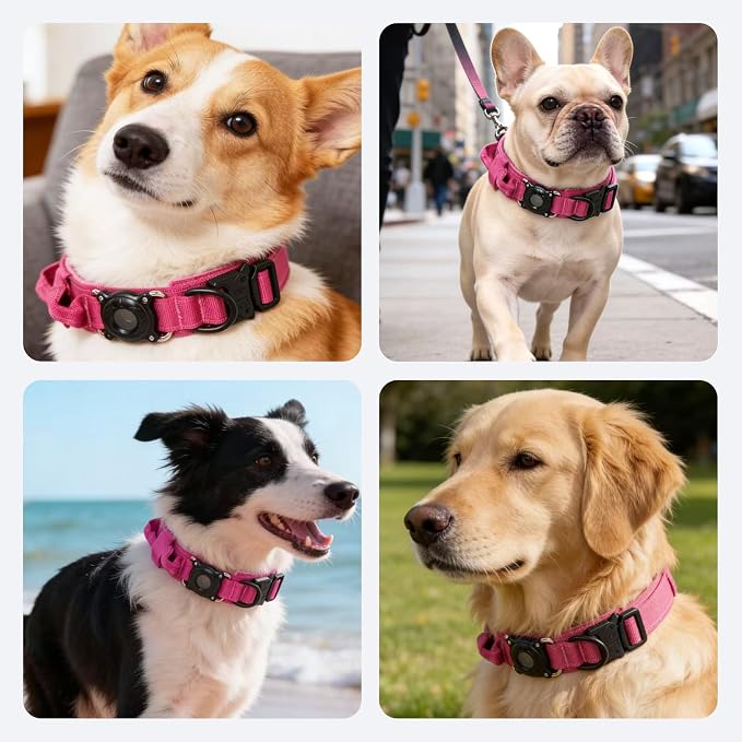 AirTag Dog Collar for Large Dogs Tactical Dog Collar with AirTag Holder | Upgrade Waterproof,Control Handle,Quick-Release Metal Buckle,1000D Nylon Fabric,Soft-Padded Webbing,Velcro Patch(Rose Red,XL)
