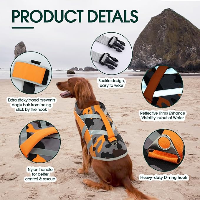 Kuoser Reflective Dog Life Jacket, Dog Life Vest for Swimming Boating | Adjustable Pet Lifejackets, High Flotation Doggie Swimsuit with Rescue Handle for Small Medium Large Dogs