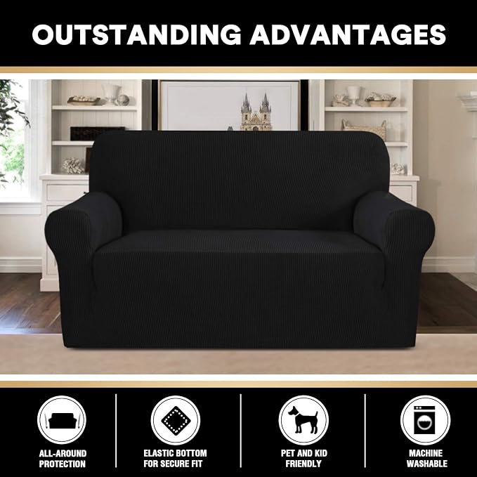 Stretch Loveseat Sofa Cover Slipcover Couch Cover for 2 Cushion Sofa Washable Sofa Cover for Pets Friendly Furniture Protector Covers with Non Slip Bottom(Loveseat, Black)