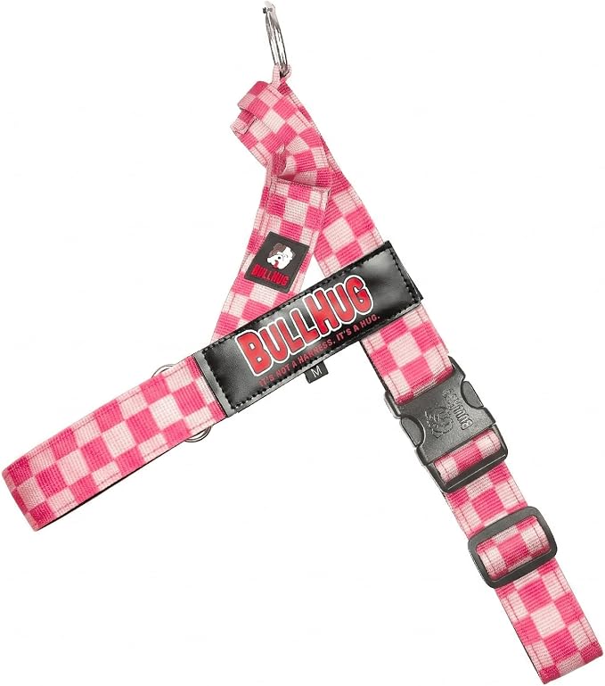BULLHUG Adjustable Dog Harness– No Pull, No Choke – for English Bulldogs, French Bulldogs, Pugs & Broad-Chested Breeds – Easy, Safe Walks (Pink, Checker XL)